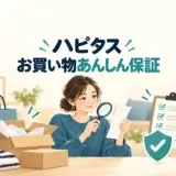 ハピタスのお買い物あんしん保証を確認し、購入記録と申請条件を整理するイラスト