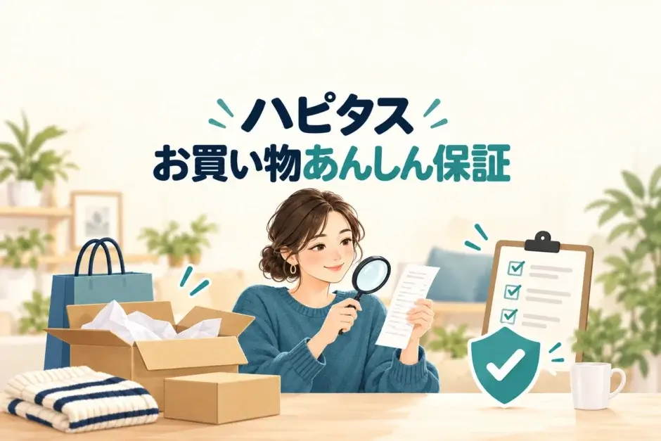 ハピタスのお買い物あんしん保証を確認し、購入記録と申請条件を整理するイラスト