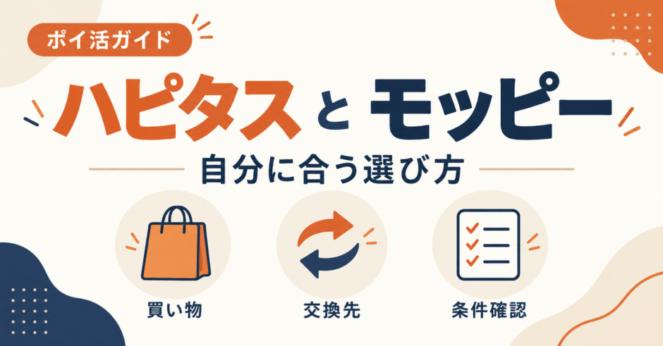 ハピタスとモッピーの選び方。買い物・交換先・条件確認の3つの視点を示すイラスト