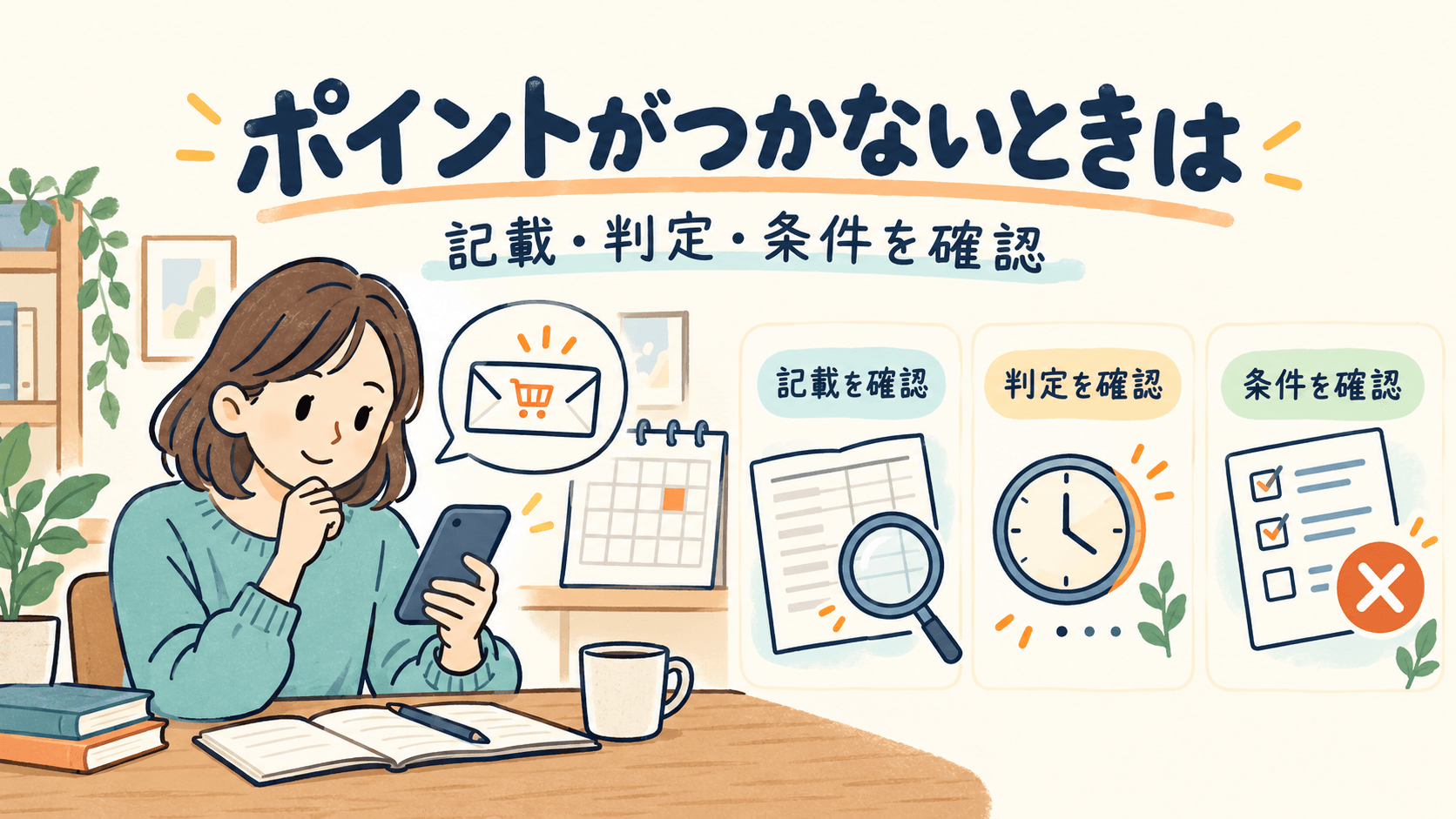通帳への記載、判定待ち、獲得条件の3点を確認するイラスト