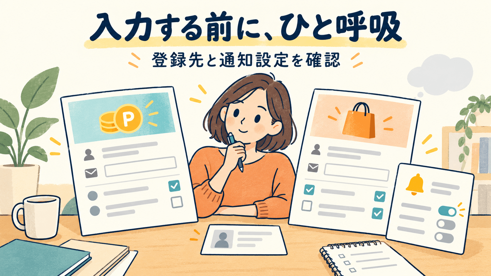 ポイントサイトと広告先の入力項目、通知設定を見比べる人のイラスト