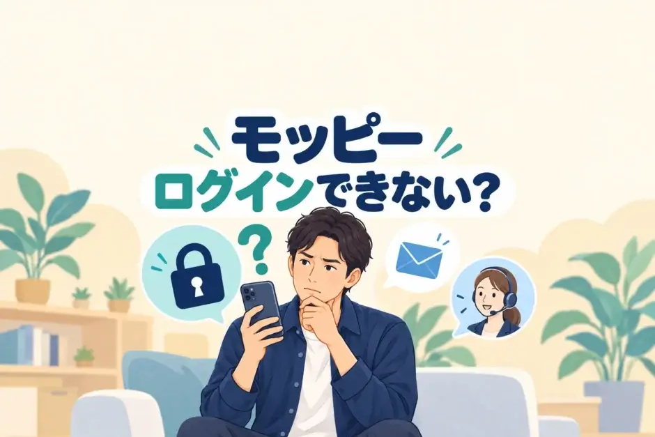 モッピーにログインできず、メールと本人確認の手がかりを確認する男性のイラスト