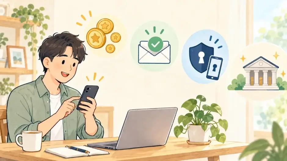 モッピーのポイント交換でメール確認と認証を確かめるイメージ