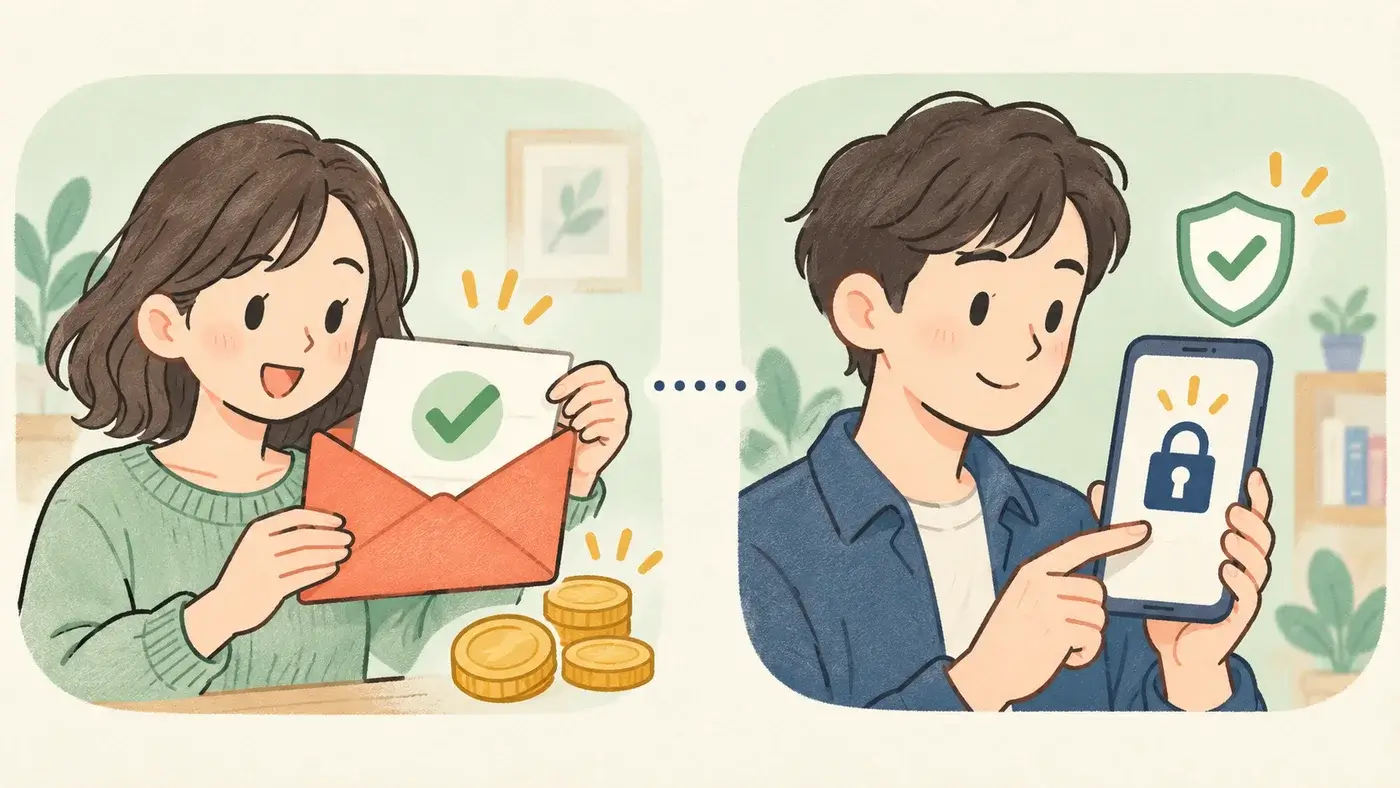 ポイント交換時のメール確認とスマートフォンでの認証を表したイラスト