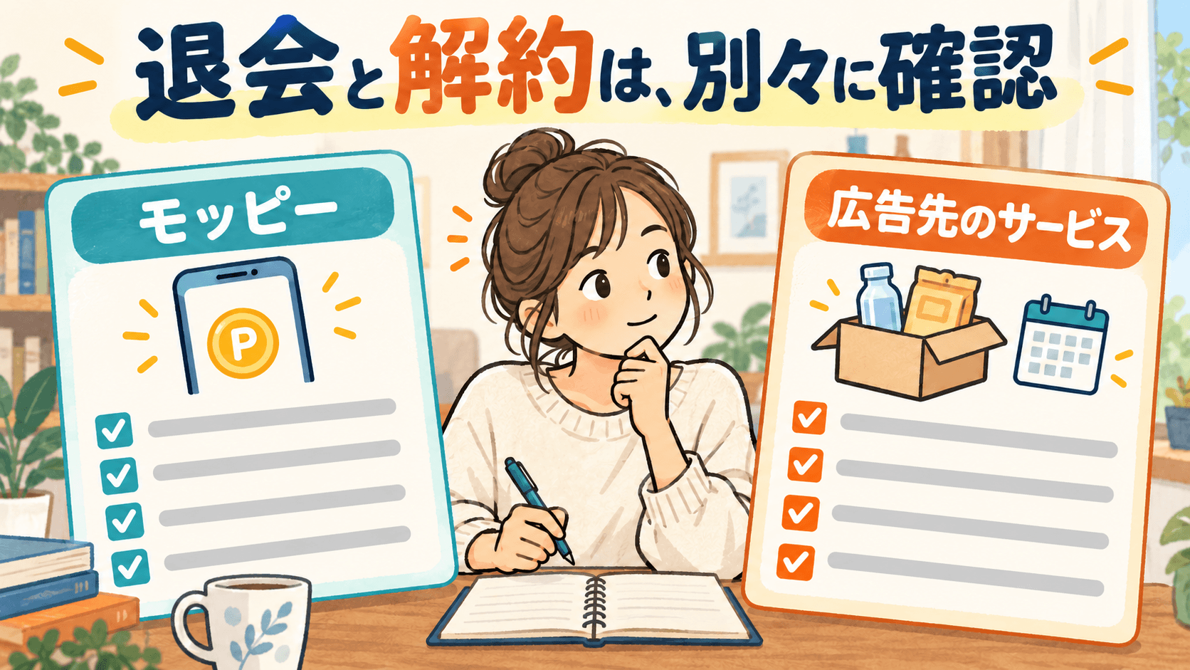 モッピーの退会と広告先サービスの解約を別々のチェックリストで確認するイラスト