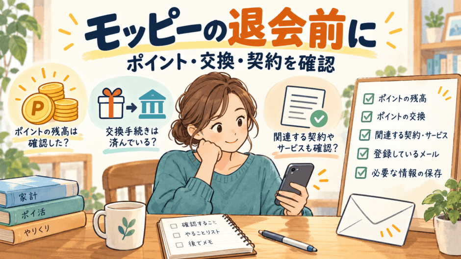 モッピー退会前にポイント残高、交換、関連契約のチェックリストを確認する人のイラスト