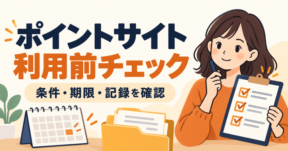 ポイントサイト利用前に条件・期限・記録を確認する、チェックリストとカレンダーのイラスト