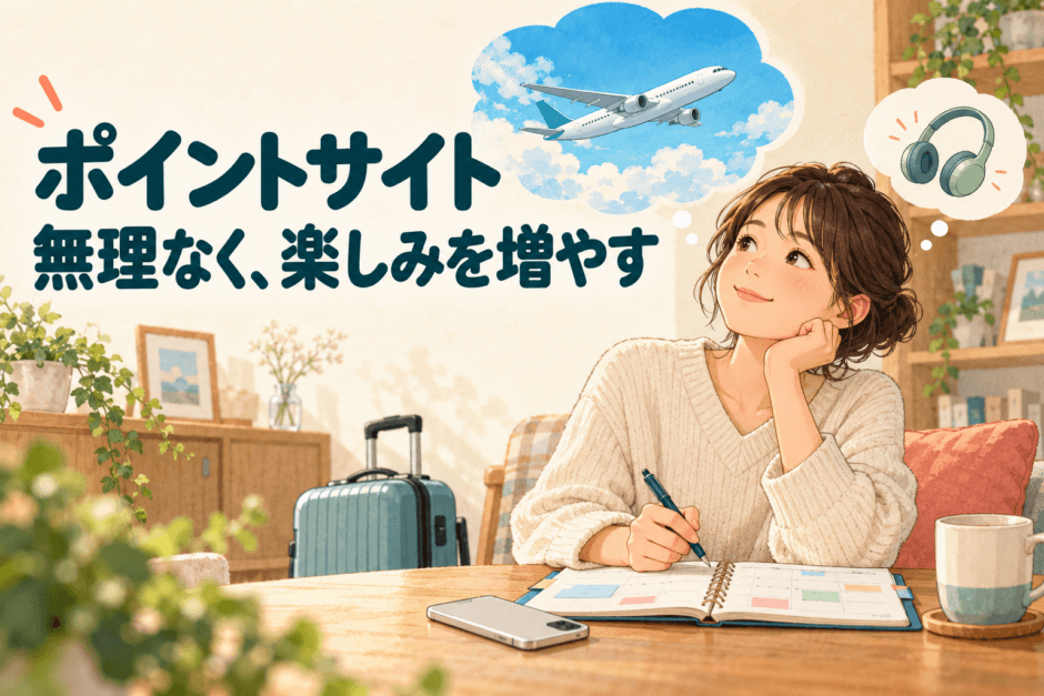 ポイントを旅行や好きなものに使う未来を思い描く人のイラスト