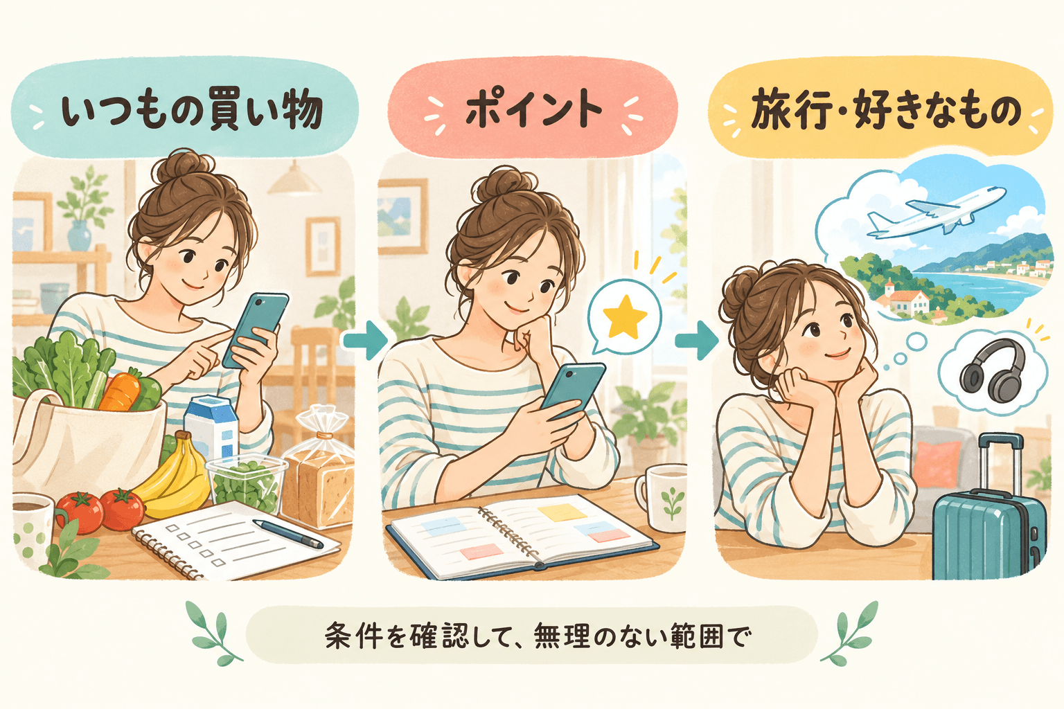 予定した買い物でためたポイントを、旅行や欲しかったものの楽しみにつなげるイメージ