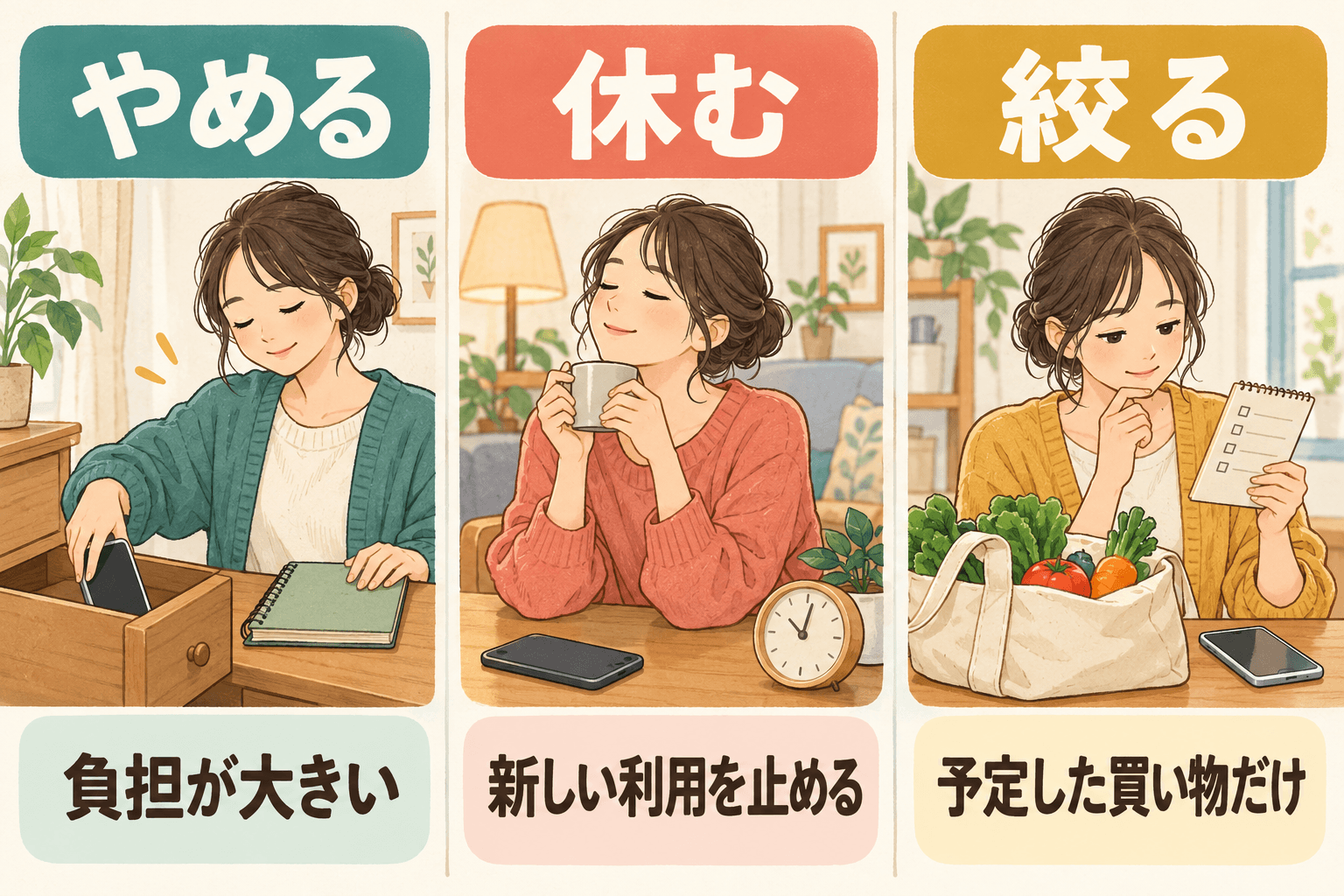 負担が大きければやめる、新しい利用を休む、予定した買い物だけに絞るという3つの選択肢