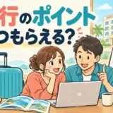 ホテル旅行を計画し、ポイントが付く時期を確認する男女のイラスト