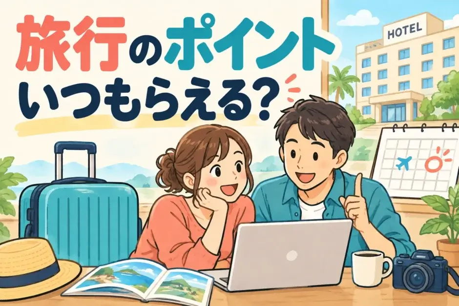 ホテル旅行を計画し、ポイントが付く時期を確認する男女のイラスト