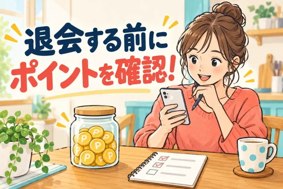 退会前に残ったポイントと確認リストを見直す女性のイラスト